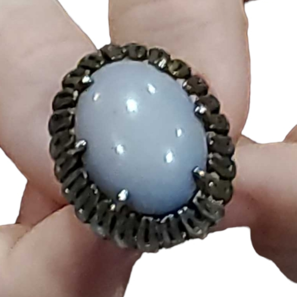 Big Chunky Pastel Opal Bluu Ring Antique Silver Frame